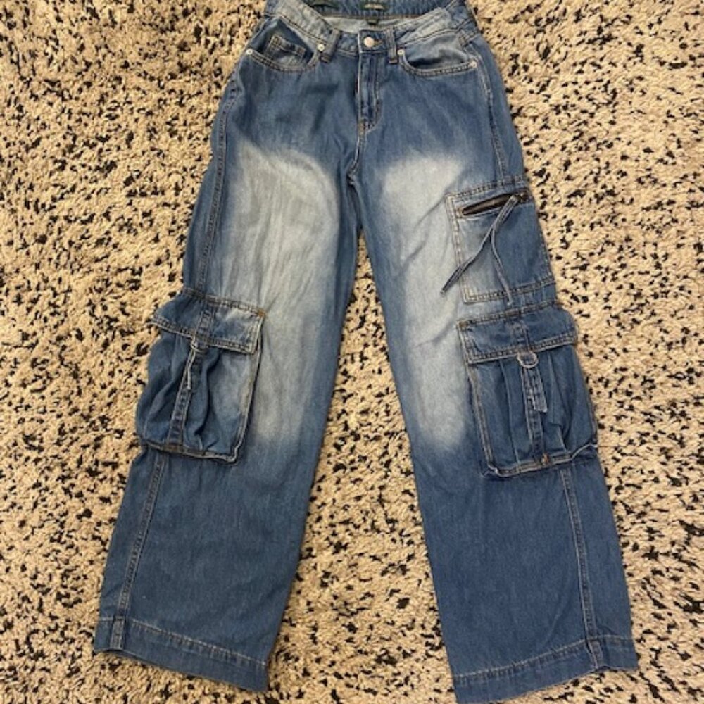 Wild Fable Baggy Cargo Jeans 00R Pockets, Skater, Wide Leg, soft, Teens, Street